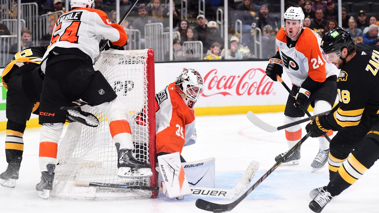 File photo: Philadelphia Flyers goaltender Aleksei Kolosov protects his net as Boston Bruins centre Pavel Zacha controls the puck during a Sept. 22, 2026 preseason game.
