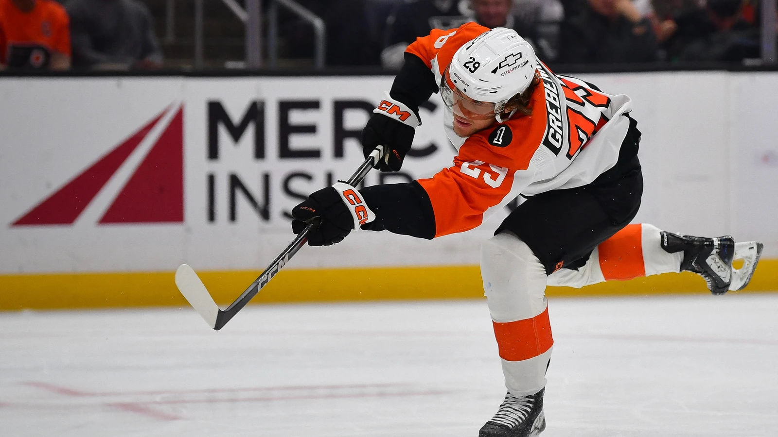 Nikita Grebenkin shoots for Philadelphia against Los Angeles on March 19, 2026. File photo.