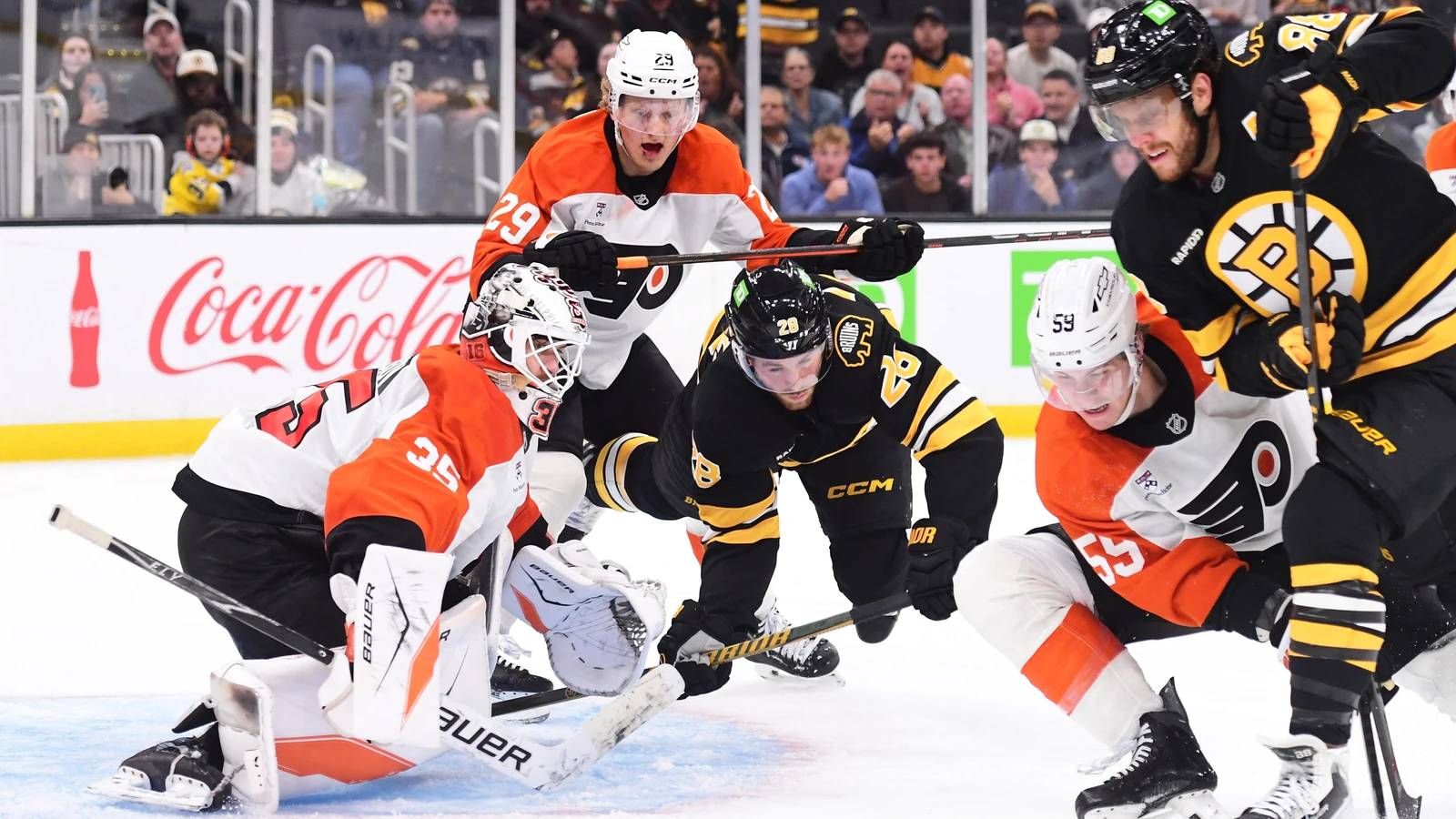 File photo: Philadelphia Flyers forward Nikita Grebenkin battles for position in front of the net against the Boston Bruins.
