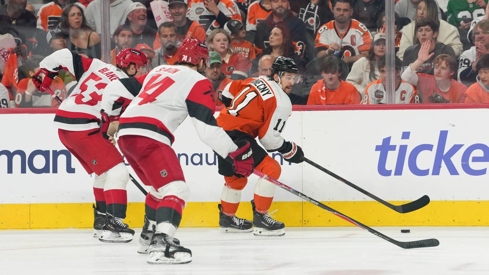 Travis Konecny skates with the puck for Philadelphia during a May 2026 playoff game. File photo.