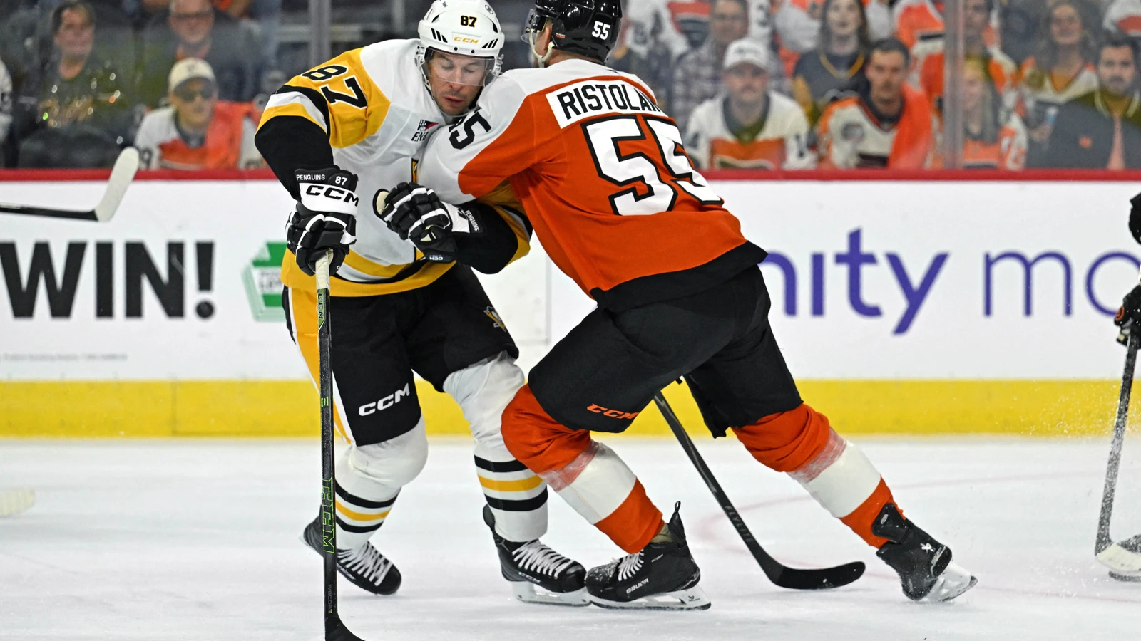 File photo: Flyers defenceman Rasmus Ristolainen checks Penguins centre Sidney Crosby at Xfinity Mobile Arena in Philadelphia.