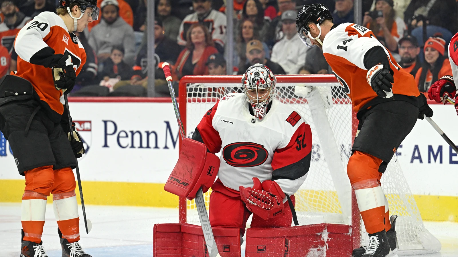 File photo: Philadelphia Flyers forward Alex Bump beside the Carolina Hurricanes net.