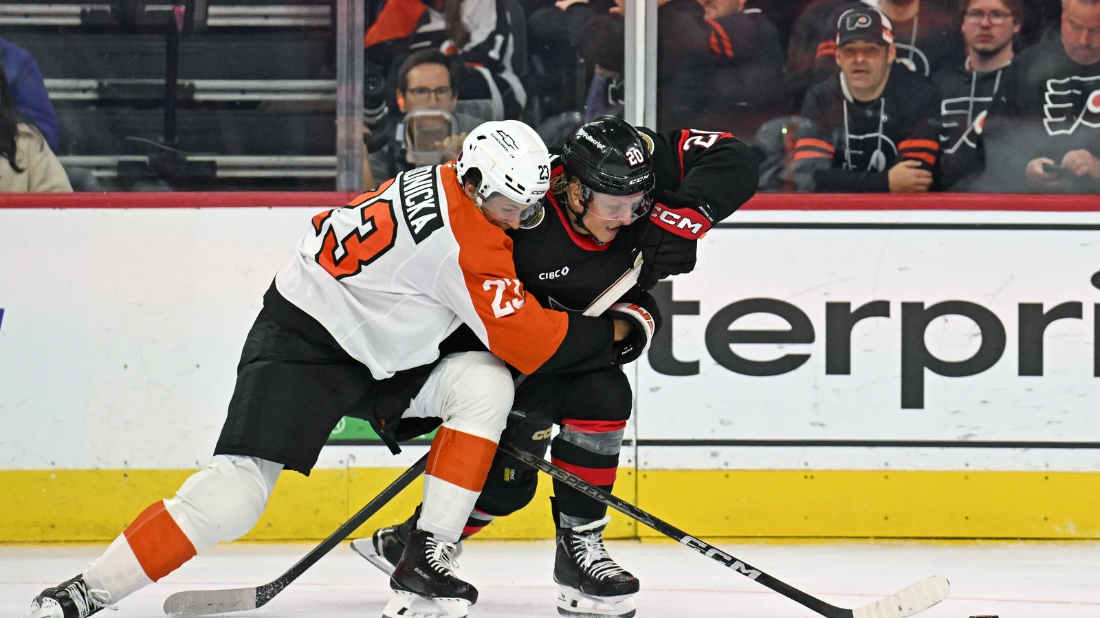 File photo: Philadelphia Flyers centre Jack Studnicka battles Ottawa Senators winger Fabian Zetterlund for the puck.