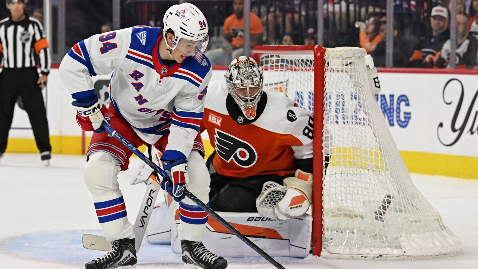 Gabe Perreault plays against Flyers goalie Dan Vladar at Xfinity Mobile Arena in a separate March 9, 2026 game. File photo; it does not show the renderings, future arena, groundbreaking, former Spectrum site, 76ers or announcement.