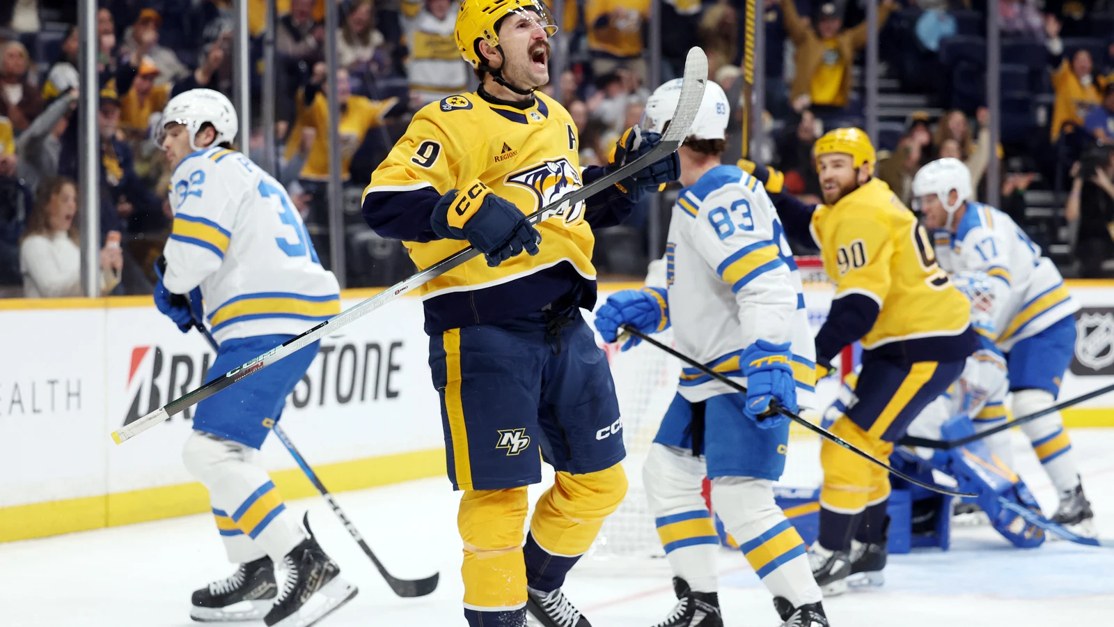Nashville Predators forward Filip Forsberg celebrates his first-period goal against the St. Louis Blues at Bridgestone Arena on Oct. 17, 2026.