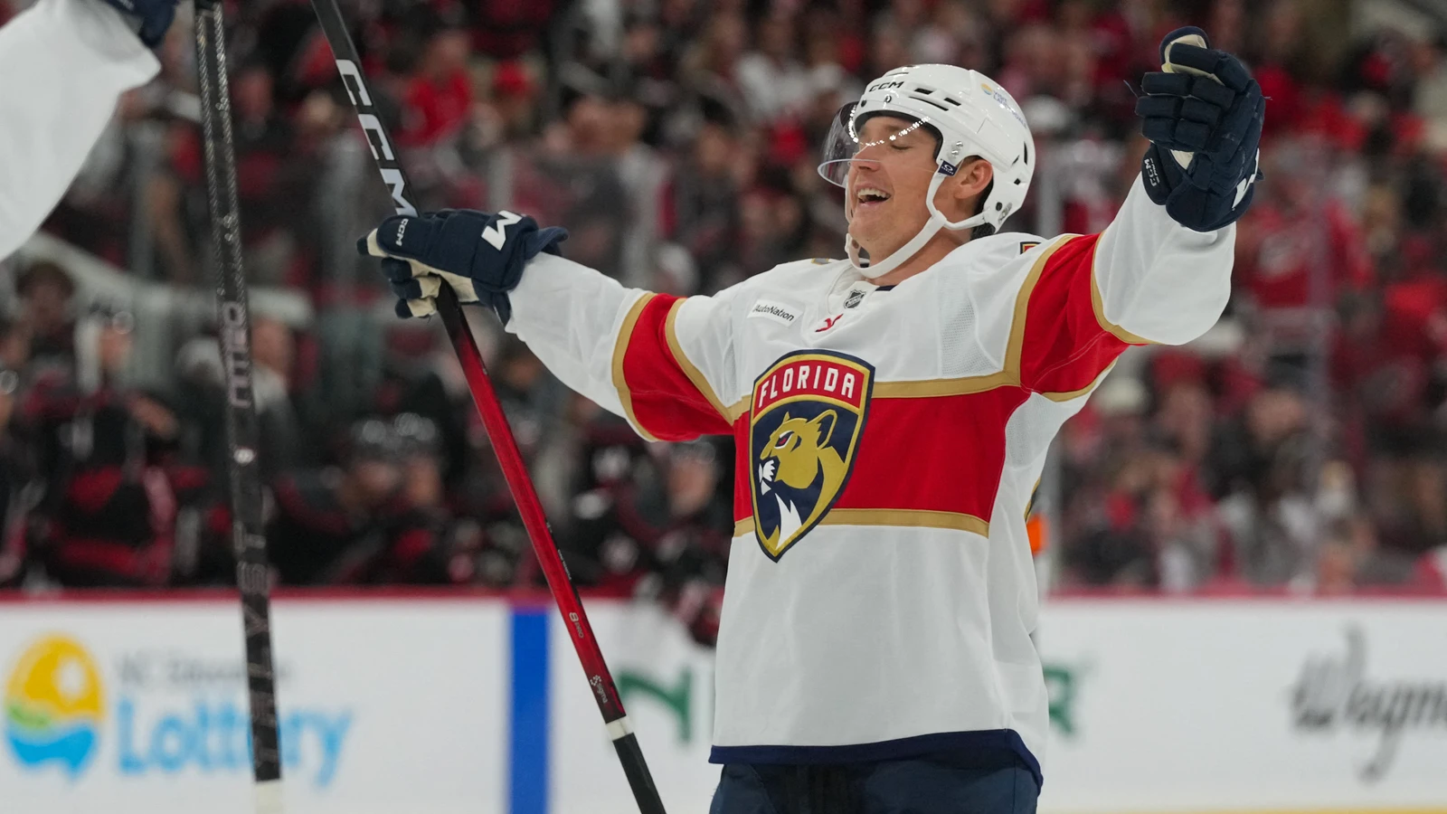 Gustav Forsling celebrates his overtime winner for the Florida Panthers against the Carolina Hurricanes at Lenovo Center on Sept. 29, 2026.
