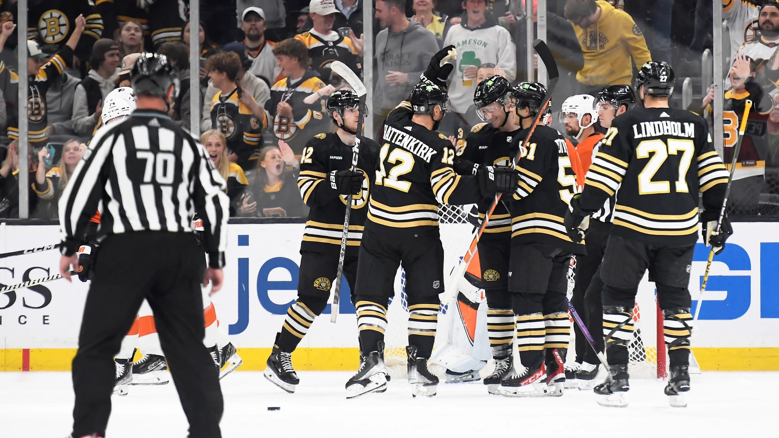 Frederic Brunet is congratulated by Boston Bruins teammates after scoring in a preseason game on September 29, 2023. File photo.