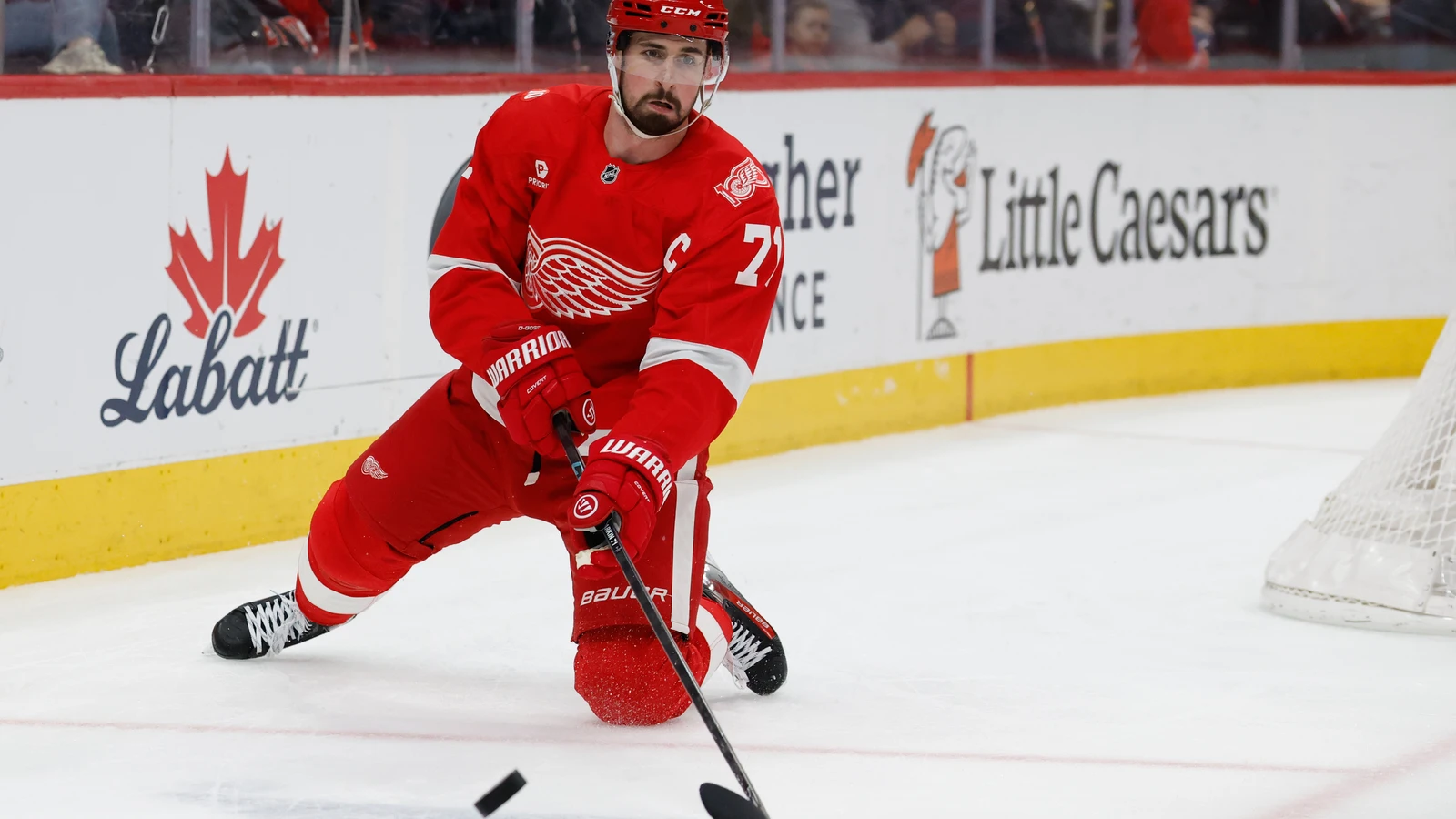 File photo: Detroit Red Wings centre Dylan Larkin skates with the puck against the Columbus Blue Jackets on April 7, 2026.
