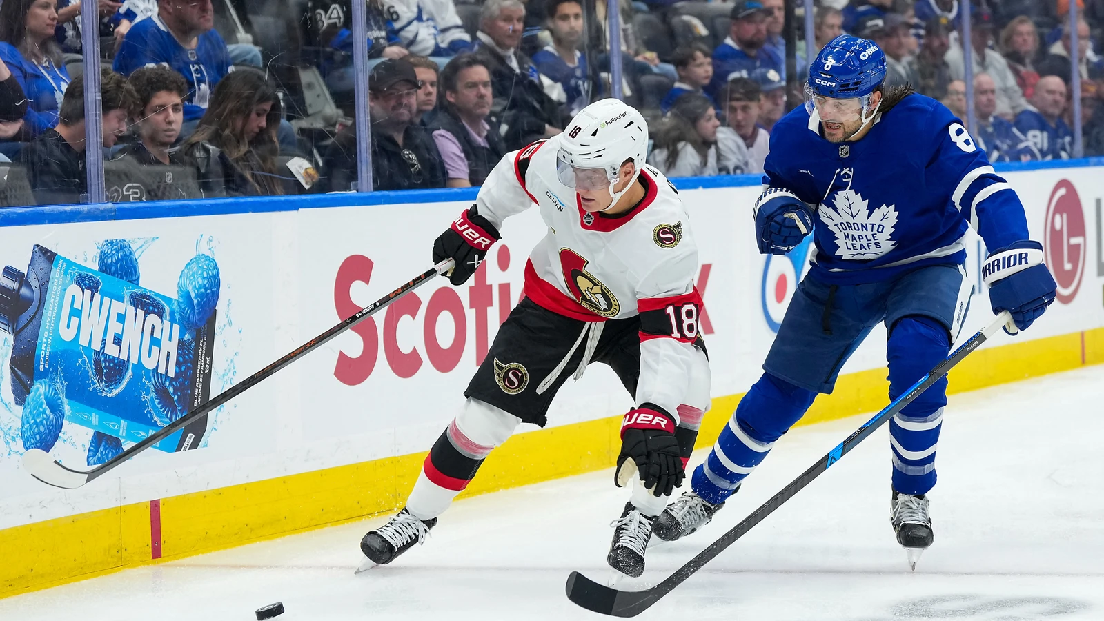 File photo: Toronto Maple Leafs defenceman Chris Tanev battles for the puck against Ottawa at Scotiabank Arena.