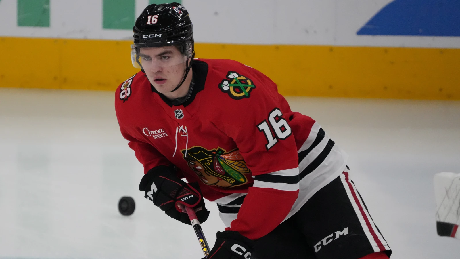 File photo: Anton Frondell warms up for the Chicago Blackhawks before a game against the San Jose Sharks at United Center on April 15, 2026.