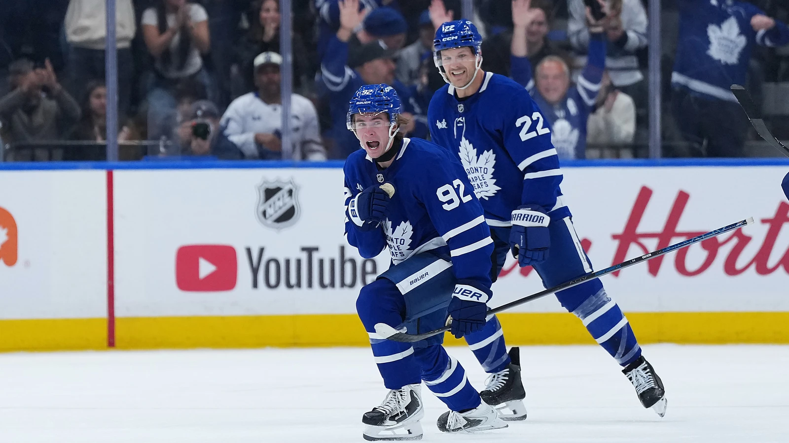 Toronto Maple Leafs left wing Gavin McKenna celebrates his first NHL goal against the Nashville Predators at Scotiabank Arena.