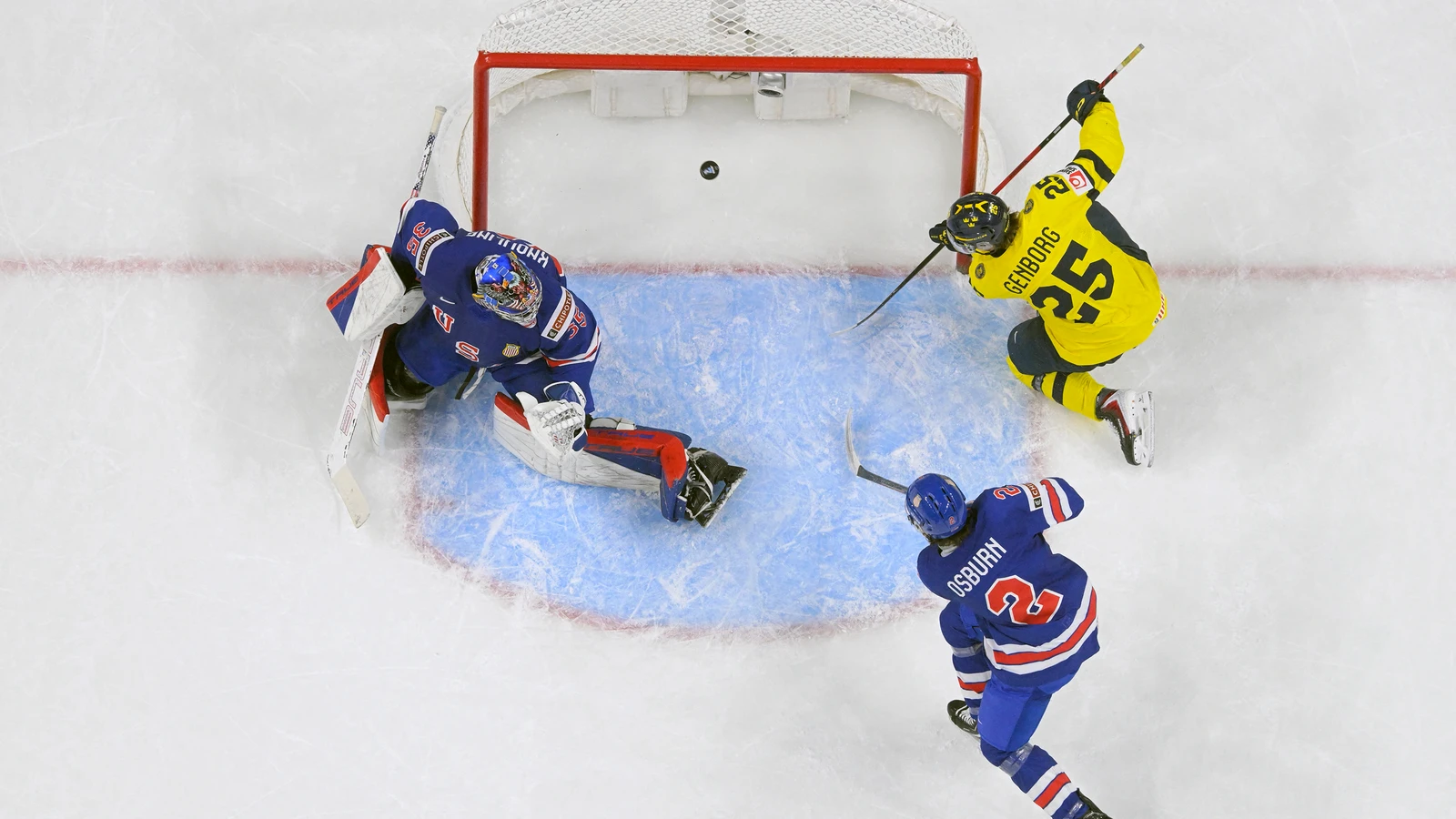 Sweden forward Eddie Genborg scores against the United States during the IIHF World Junior Championship in St. Paul on December 31, 2025. File photo.