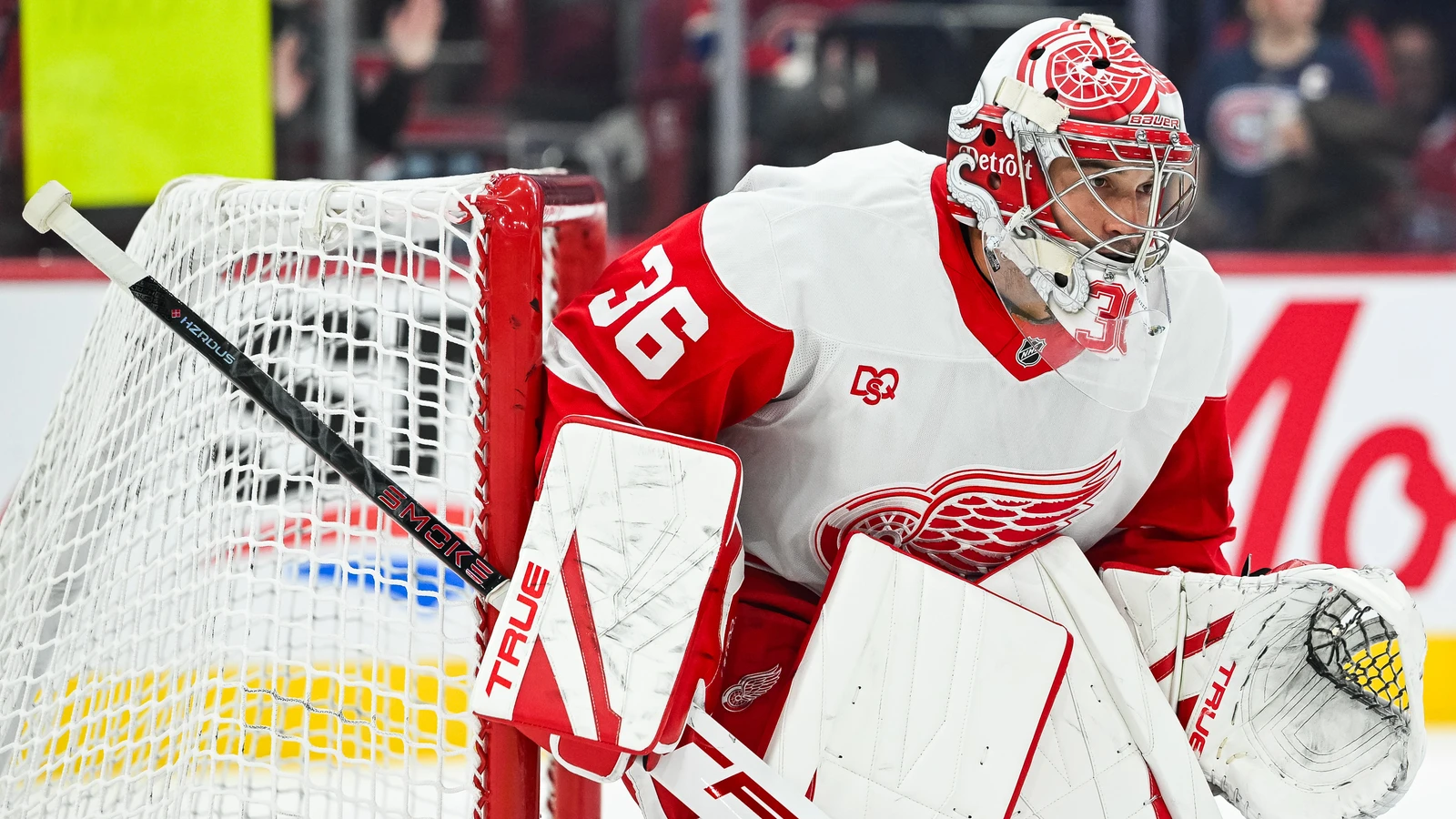 File photo: Detroit Red Wings goaltender John Gibson takes shots during warm-up beside his net at Bell Centre in Montreal.