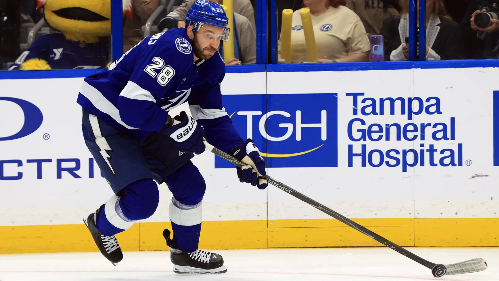 File photo: Tampa Bay Lightning forward Zemgus Girgensons skates with the puck against the Seattle Kraken at Benchmark International Arena.