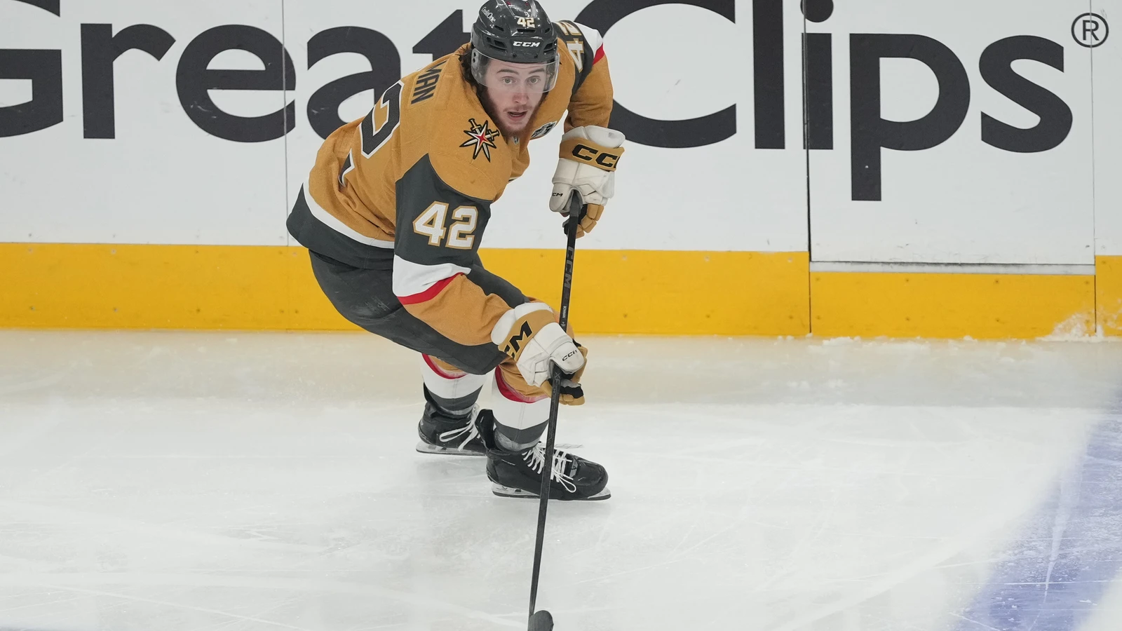 Braeden Bowman controls the puck for Vegas against Carolina on June 14, 2026. File photo.