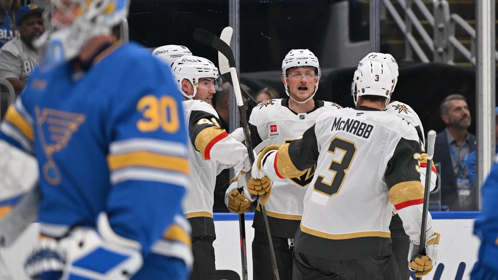 File photo: Jack Eichel celebrates with Vegas Golden Knights teammates during a game against the St. Louis Blues.