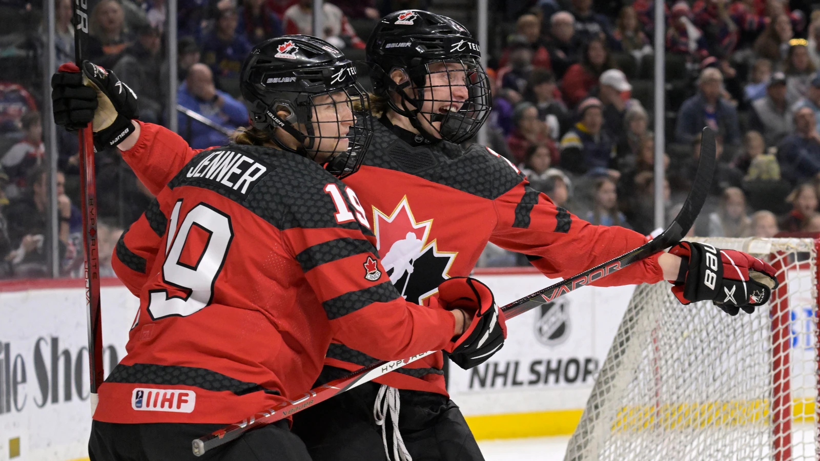 File photo: Ashton Bell celebrates a goal for Canada during a Rivalry Series game against the United States at Xcel Energy Center on February 11, 2024.