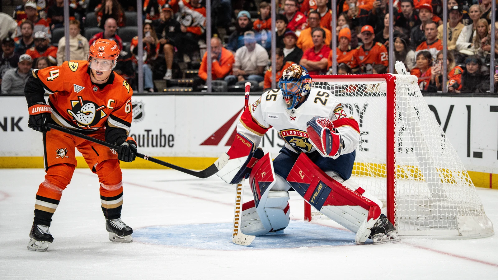 Mikael Granlund positions himself in front of Florida Panthers goaltender Jacob Markstrom during overtime at Honda Center.