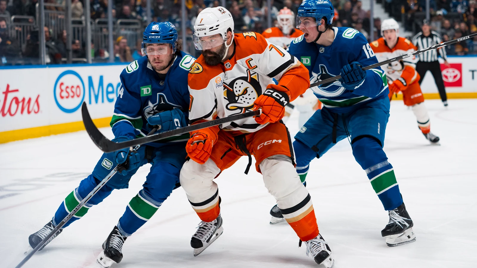 File photo: Radko Gudas in an Anaheim Ducks uniform battles with Vancouver Canucks players at Rogers Arena.