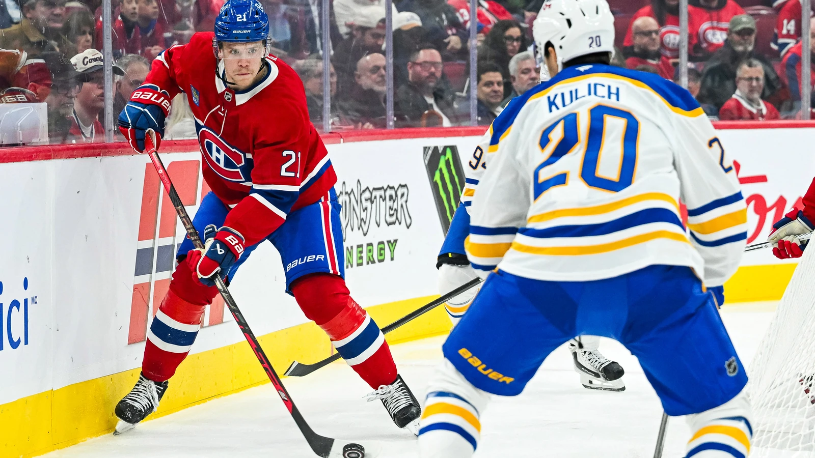 Montreal Canadiens defenceman Kaiden Guhle controls the puck against Buffalo at Bell Centre.