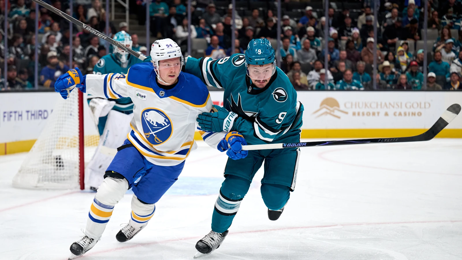 File photo: Buffalo Sabres forward Konsta Helenius vies for position with San Jose Sharks defenceman Dmitry Orlov at SAP Center on Oct. 27, 2026.