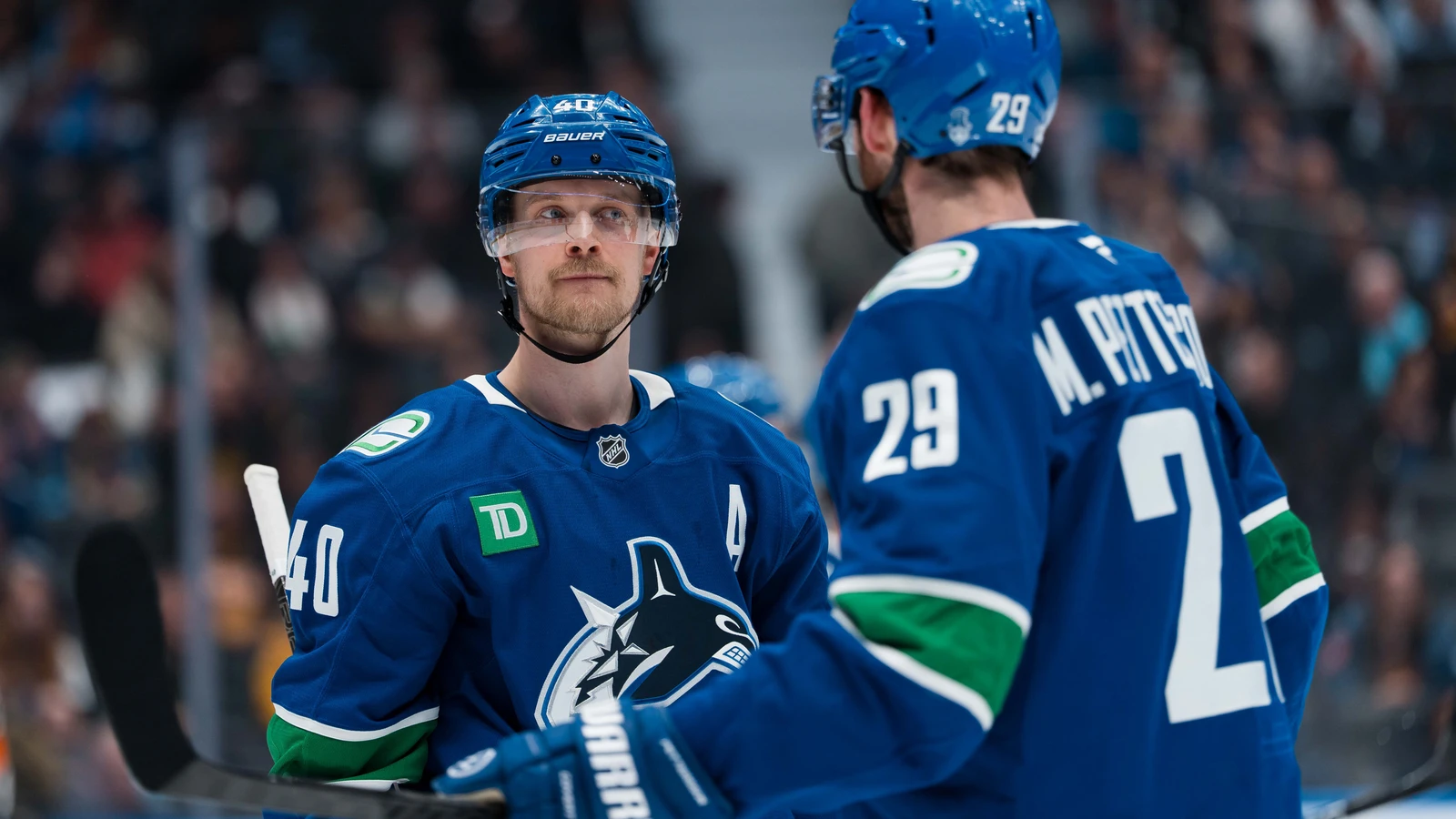 Vancouver Canucks forward Elias Pettersson during a stoppage against the Los Angeles Kings at Rogers Arena on April 14, 2026. File photo.