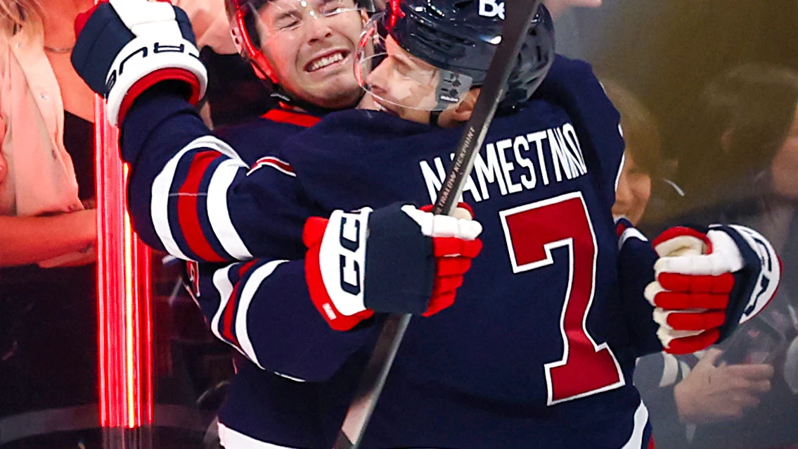 File photo: Jets forward Cole Koepke celebrates a goal with Vladislav Namestnikov at Canada Life Centre in Winnipeg.