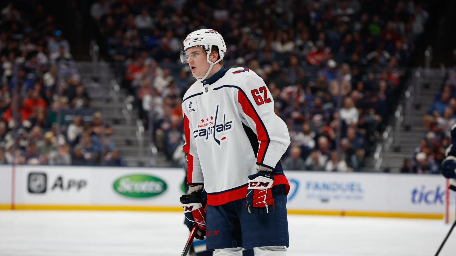 Ilya Protas skates for Washington against Columbus on April 14, 2026. File photo.