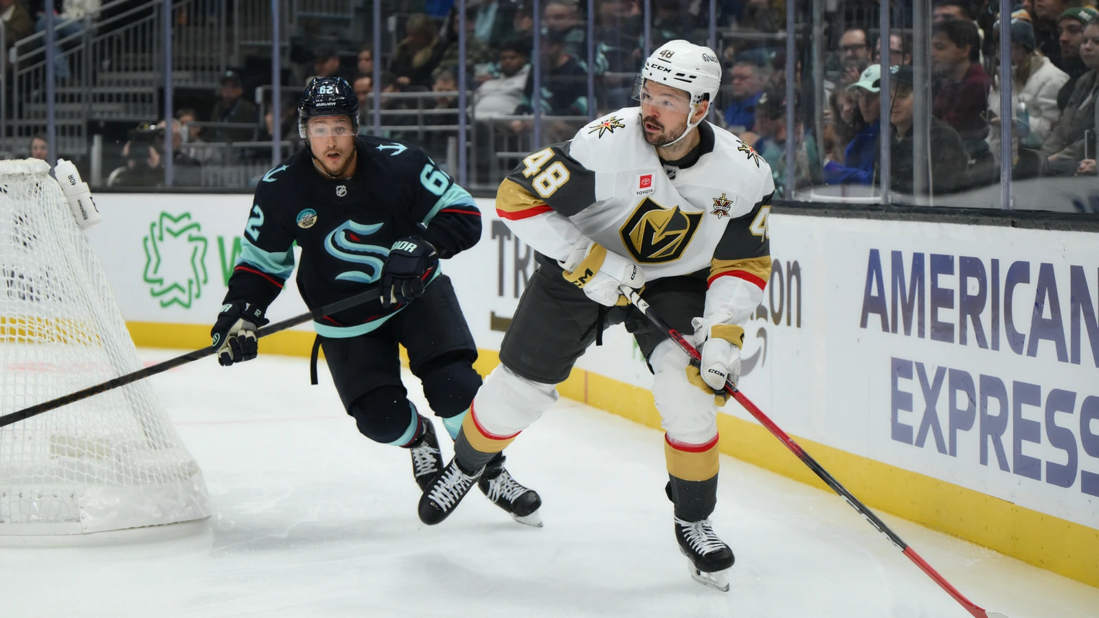 Tomas Hertl controls the puck beside the boards during the Golden Knights game against the Seattle Kraken at Climate Pledge Arena.
