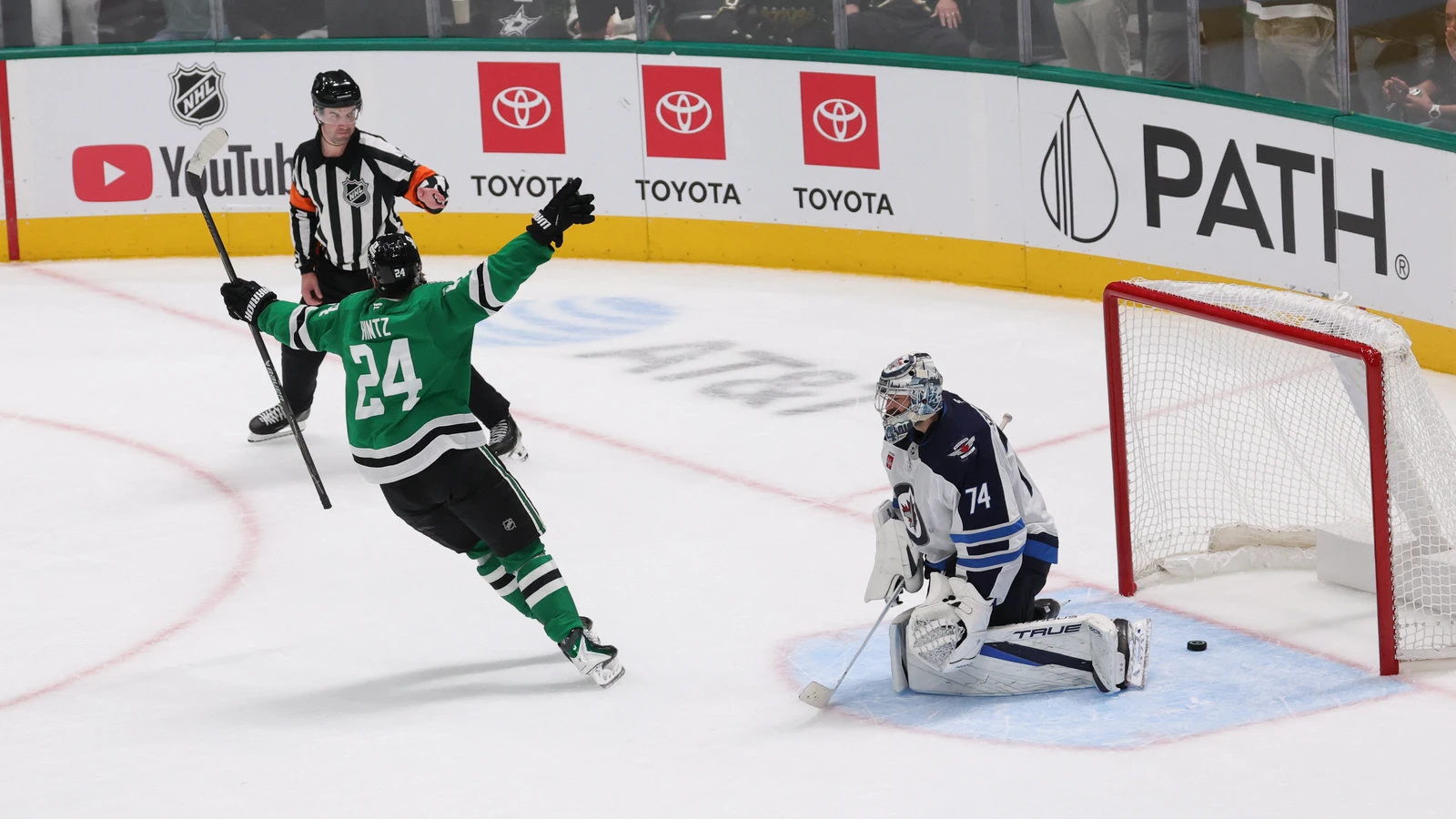 Dallas Stars centre Roope Hintz celebrates his overtime goal against the Winnipeg Jets at American Airlines Center.