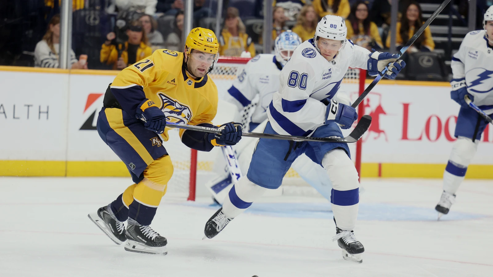 File photo: Nashville Predators forward Nils Hoglander chases the puck against Tampa Bay at Bridgestone Arena.
