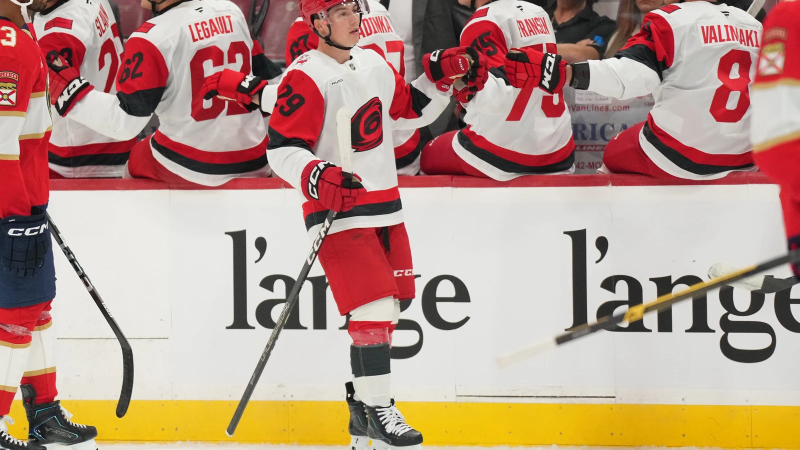File photo: Carolina Hurricanes forward Bradly Nadeau celebrates a goal with teammates against the Florida Panthers during a Sept. 20, 2026 preseason game.