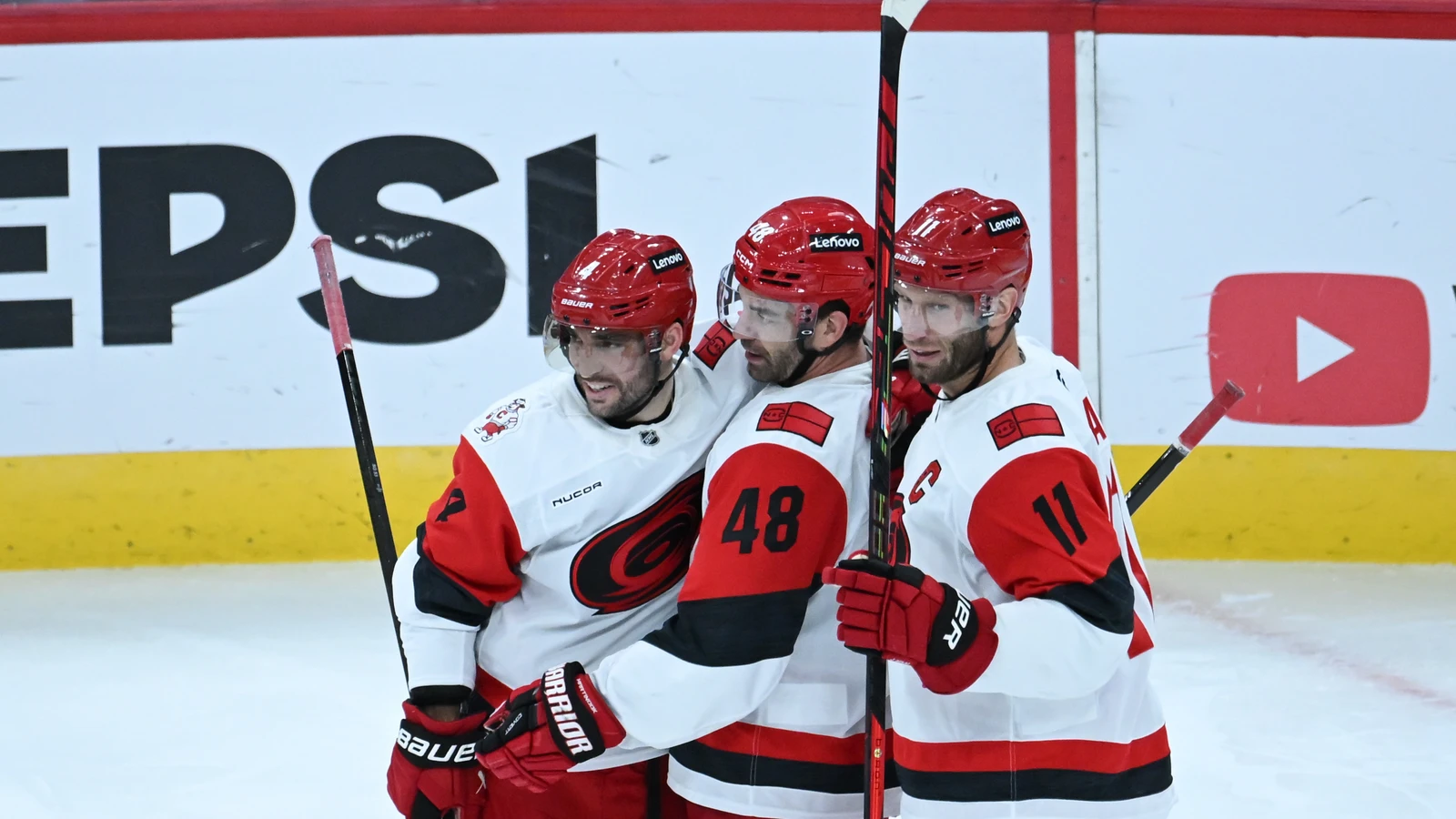 File photo: Carolina Hurricanes centre Jordan Staal celebrates a goal with teammates in Chicago.