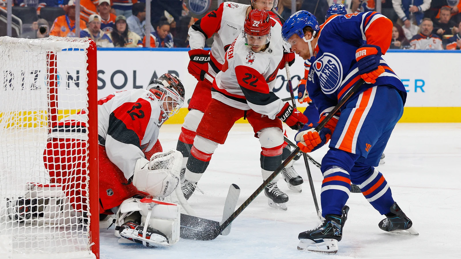 File photo: Logan Stankoven stands in front of the Carolina net during a game in Edmonton.