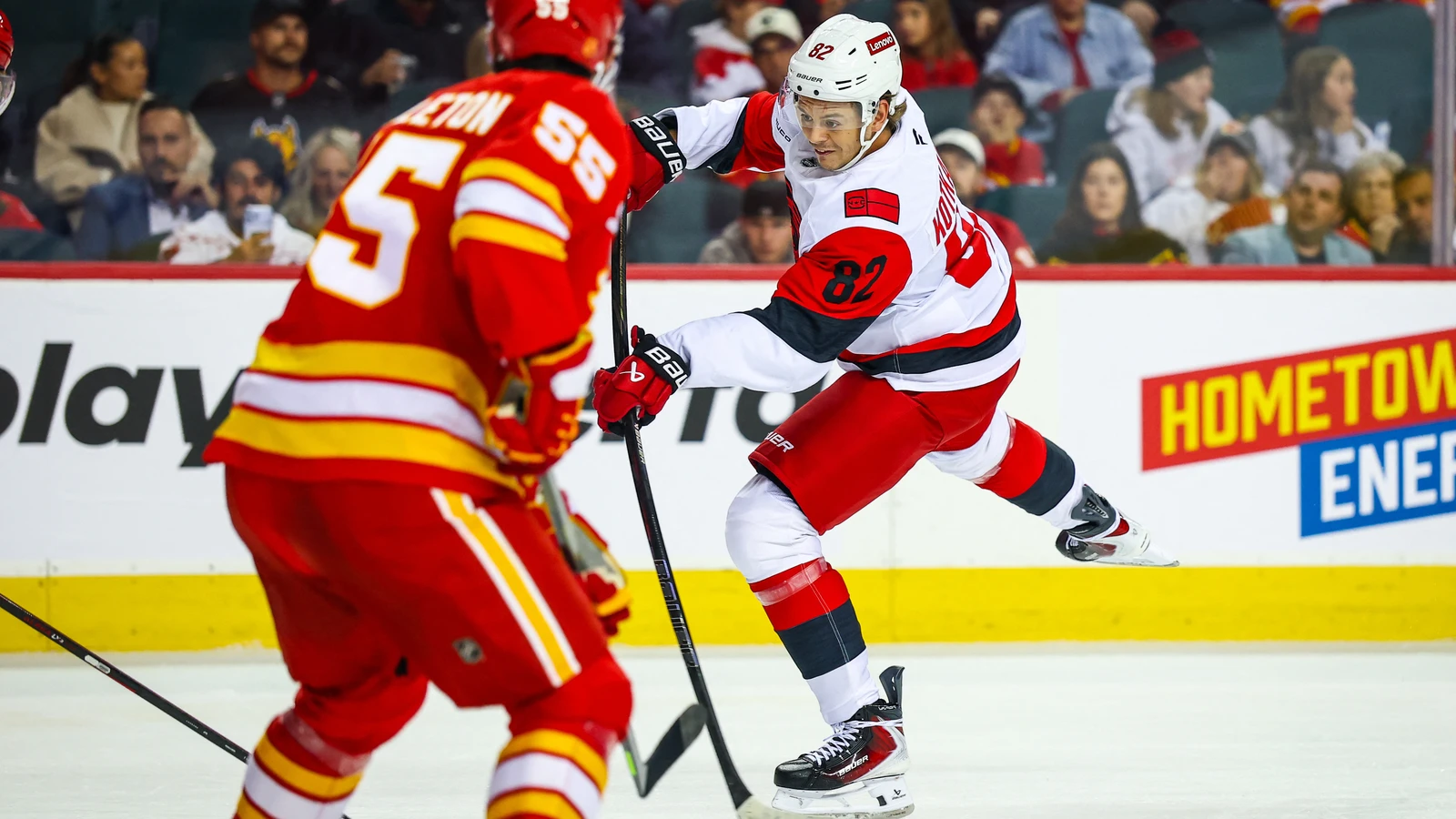 File photo: Jesperi Kotkaniemi shoots the puck against the Calgary Flames at Scotiabank Saddledome.