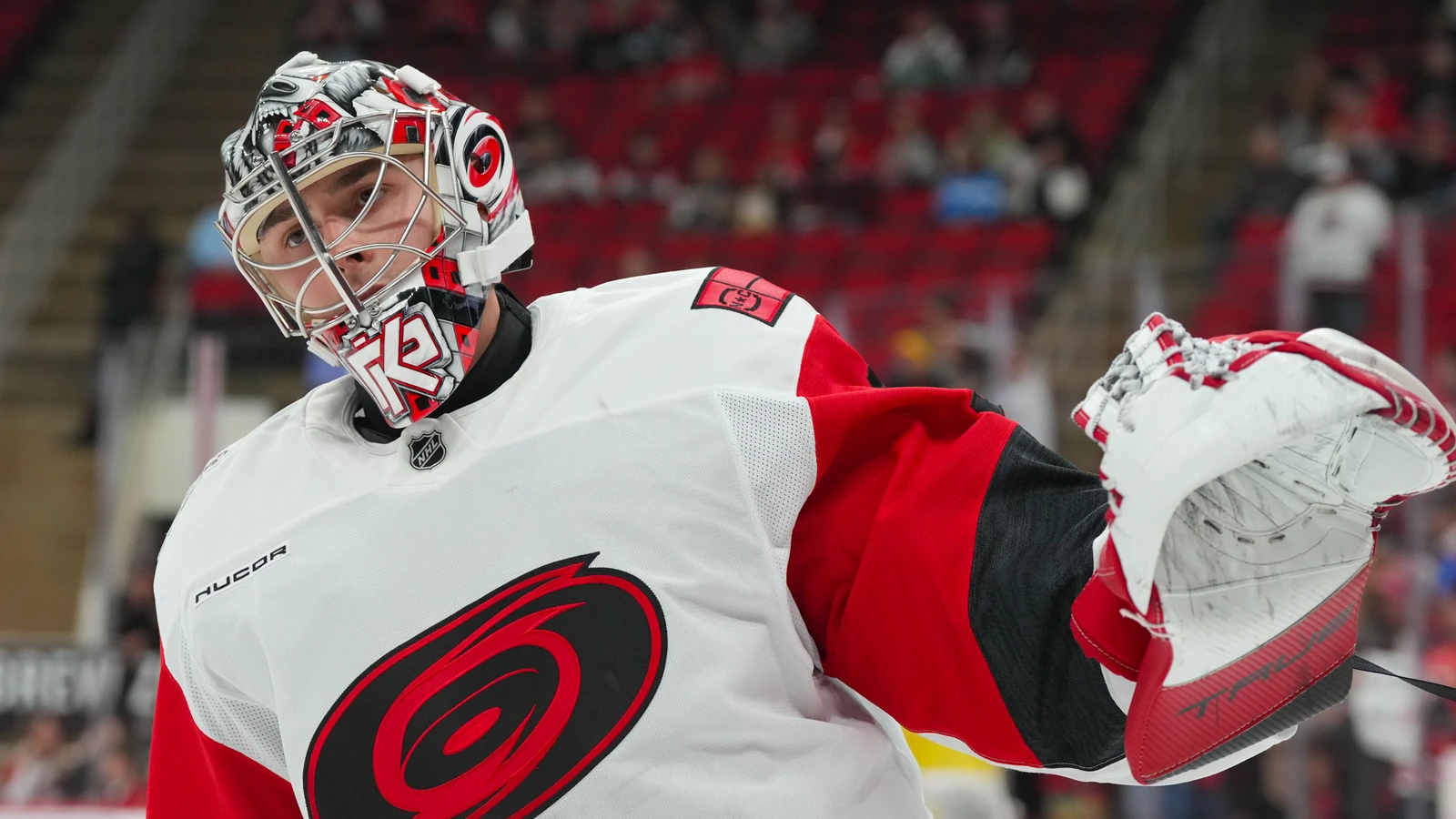 File photo: Carolina Hurricanes goaltender Pyotr Kochetkov skates during warmups before a game against the Buffalo Sabres on November 8, 2025.