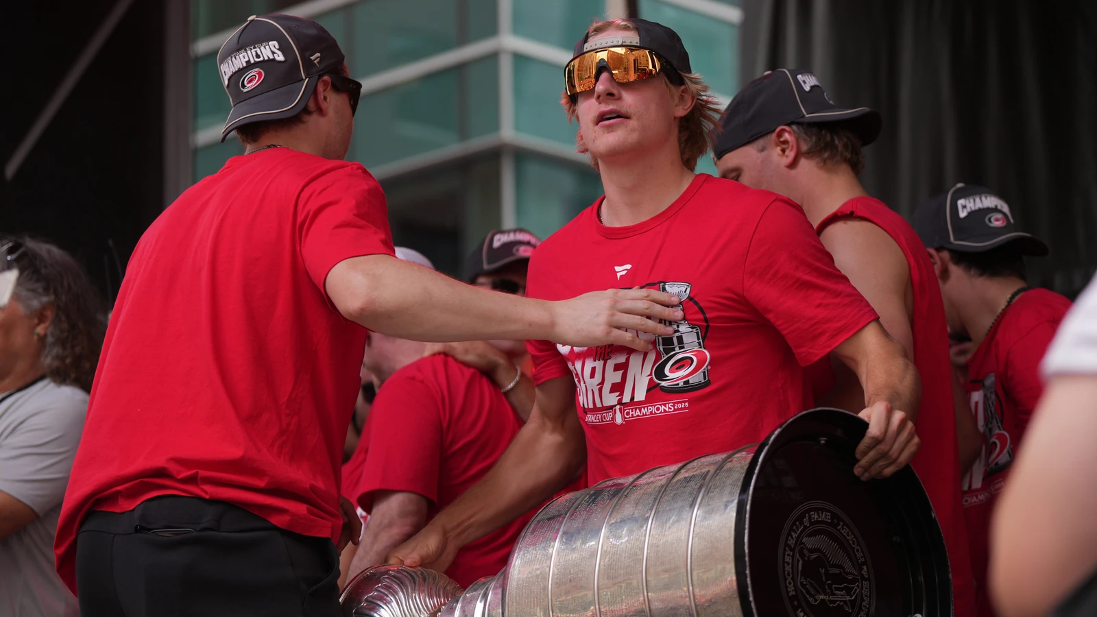 Jackson Blake holds the Stanley Cup during Carolina's championship parade in Raleigh on June 20, 2026. File photo.