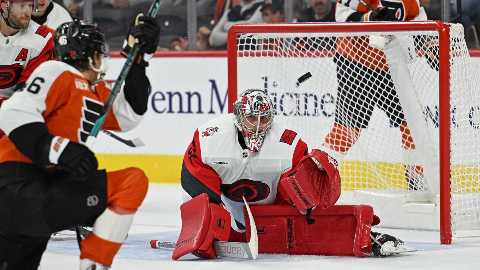 File photo: Carolina Hurricanes goaltender Pyotr Kochetkov guards the net against the Philadelphia Flyers at Xfinity Mobile Arena.