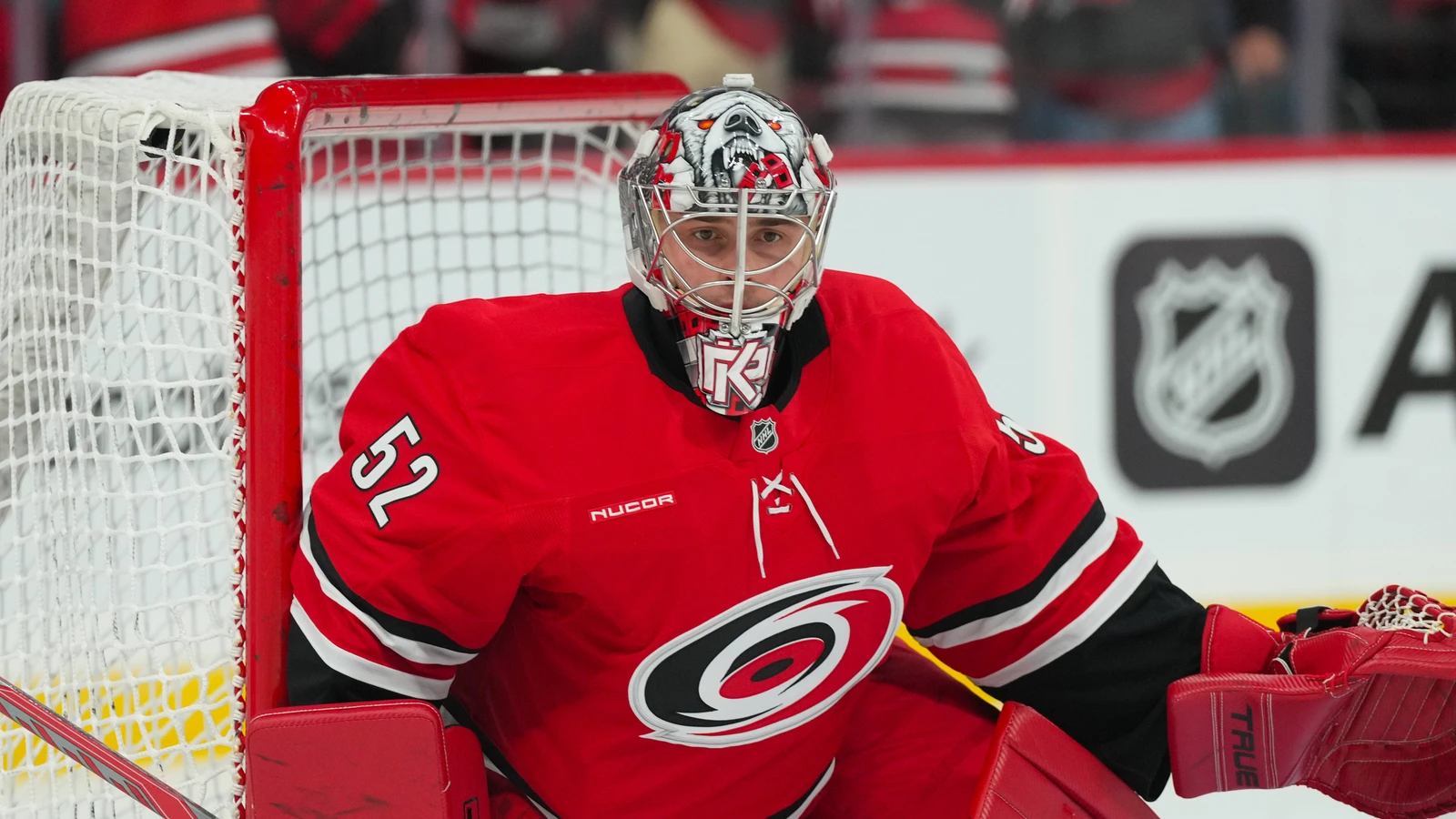 File photo: Carolina Hurricanes goaltender Pyotr Kochetkov stands beside his net during warmups at Lenovo Center.