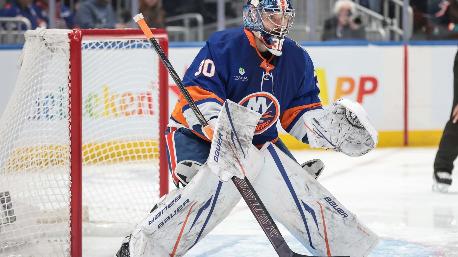 Ilya Sorokin guards the Islanders net against the Anaheim Ducks at UBS Arena.