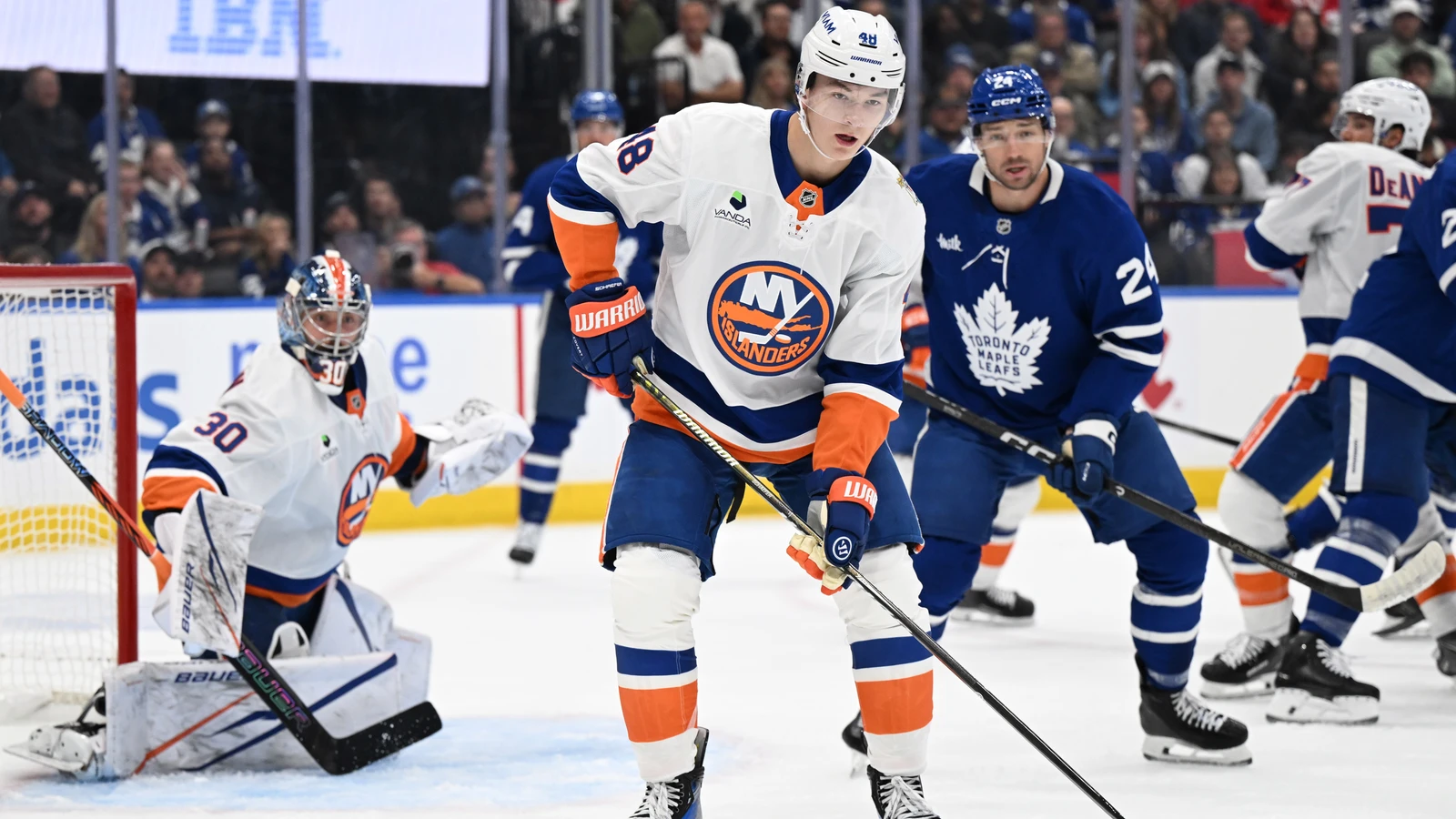 File photo: New York Islanders defenceman Matthew Schaefer guards the goal area in front of goaltender Ilya Sorokin against the Toronto Maple Leafs at Scotiabank Arena on Sept. 30, 2026.