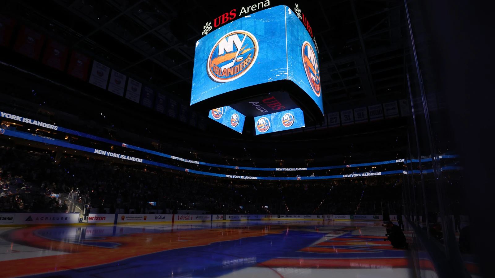 The New York Islanders scoreboard inside UBS Arena before a game on October 10, 2024. File photo; it does not show Evan Gold or his hiring announcement.