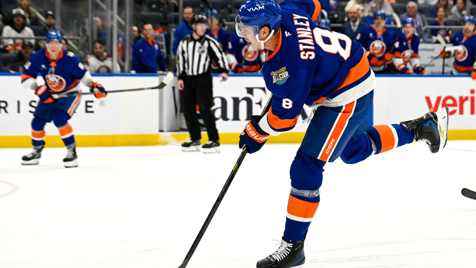 File photo: New York Islanders defenceman Logan Stanley passes the puck at UBS Arena.