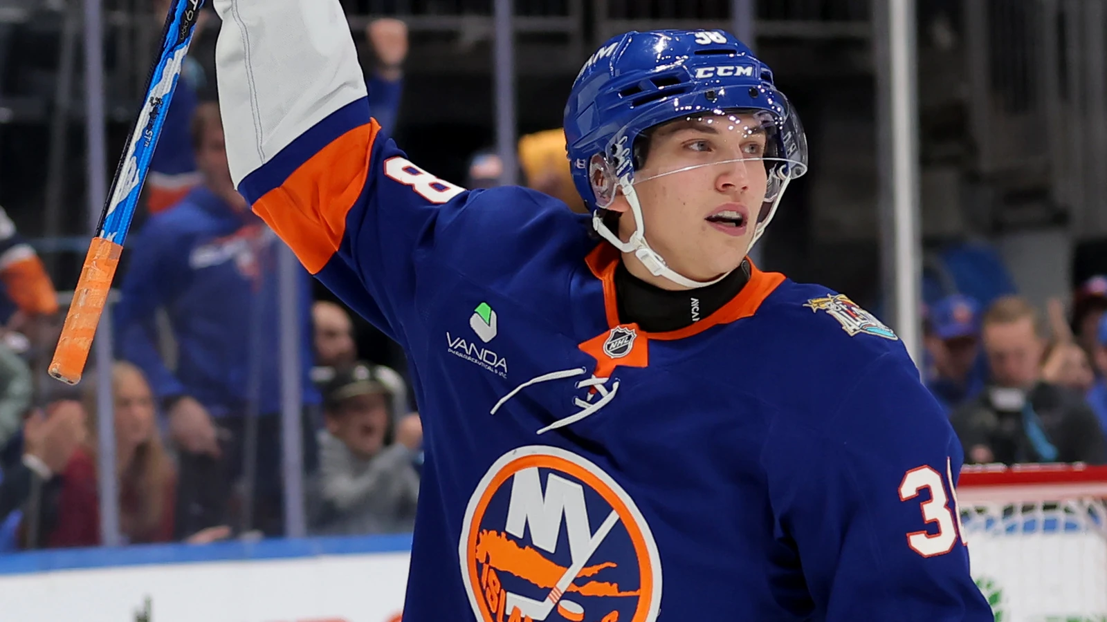 File photo: New York Islanders winger Victor Eklund celebrates a goal against the New Jersey Devils at UBS Arena.