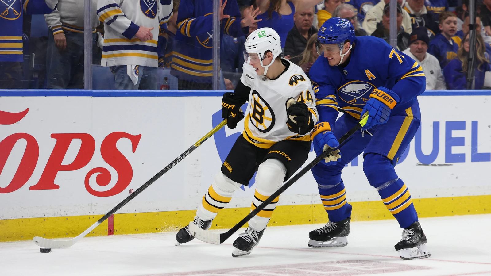 James Hagens controls the puck for Boston against Buffalo during the 2026 playoffs. File photo.