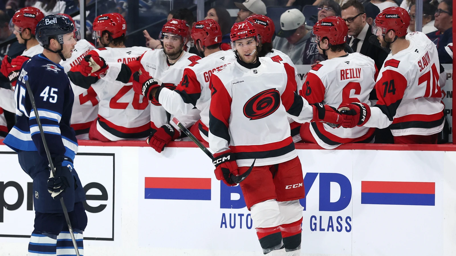 File photo: Carolina Hurricanes forward Mark Jankowski celebrates a goal against the Winnipeg Jets at Canada Life Centre.