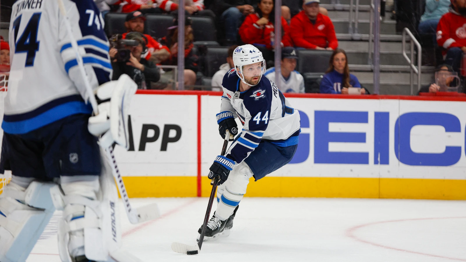 File photo: Jets defenceman Josh Morrissey handles the puck against the Detroit Red Wings at Little Caesars Arena.