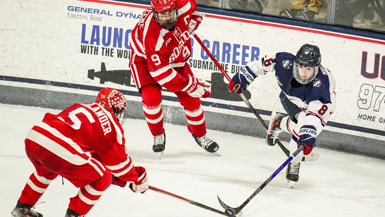 UConn forward Joey Muldowney carries the puck against Boston University on February 25, 2025. File photo.