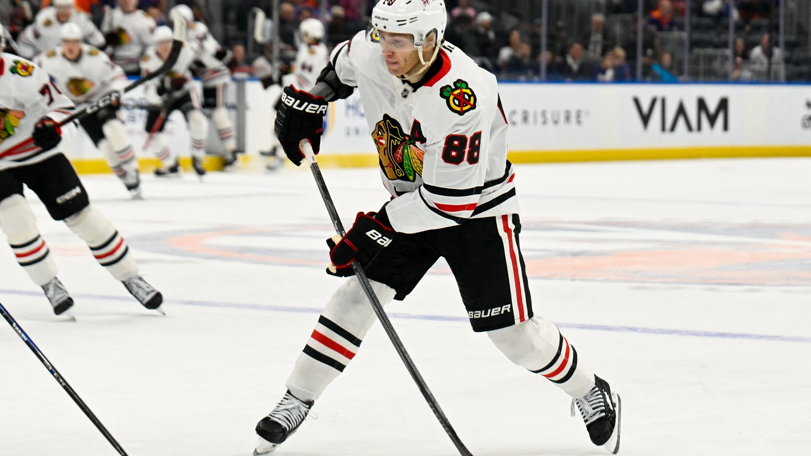 File photo: Chicago Blackhawks forward Patrick Kane handles the puck against the New York Islanders at UBS Arena.