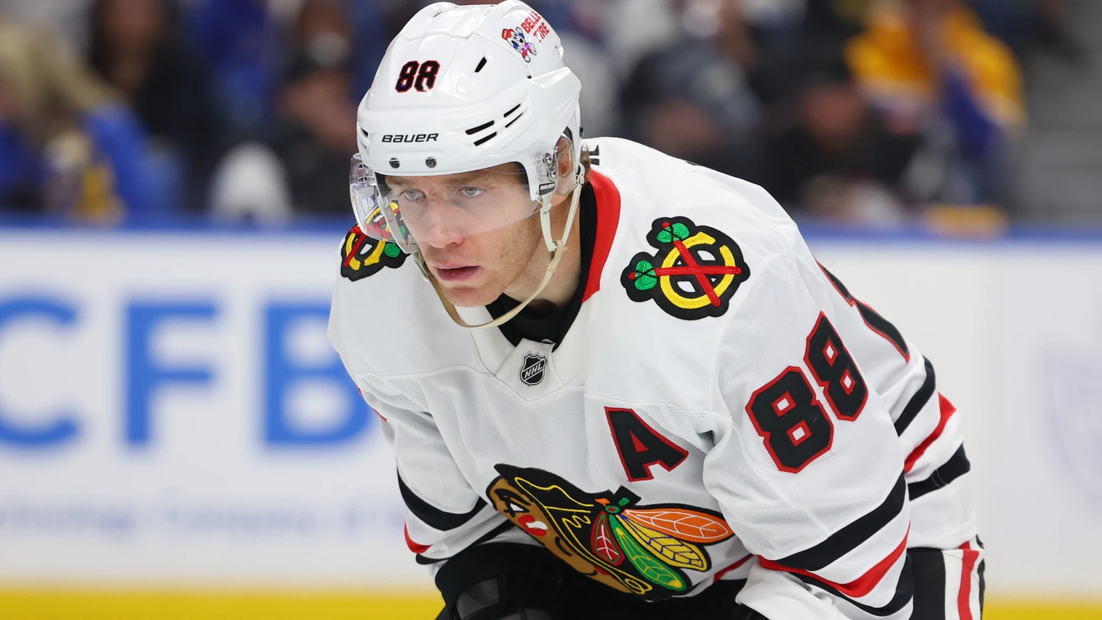 File photo: Chicago Blackhawks right wing Patrick Kane waits for a face-off against the Buffalo Sabres at KeyBank Center on October 3, 2026.